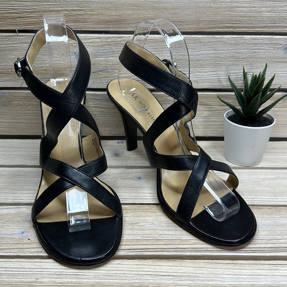 Anne Klein Leather Ankle Strapped Heeled Sandals Size 8 1/2M